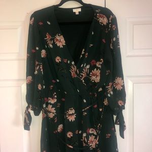 Dark green floral wrap dress